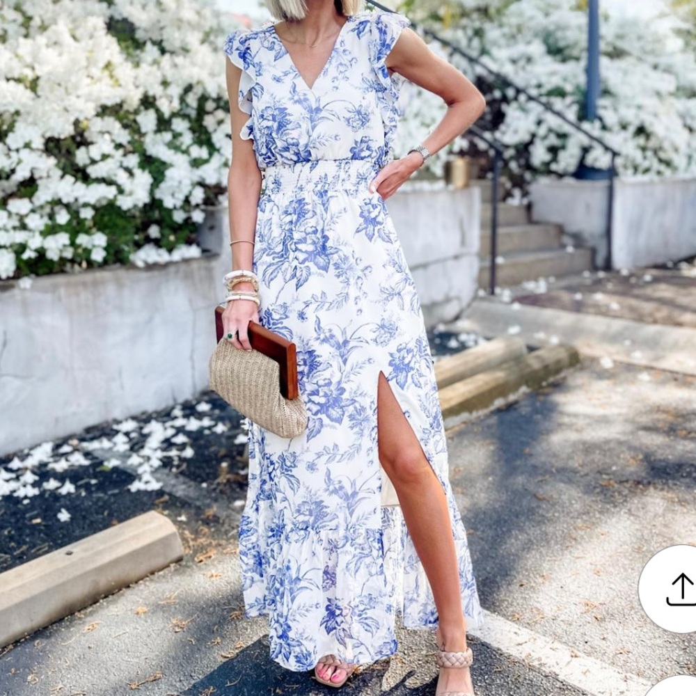 Printed V-Neck Ruffle Maxi Dress